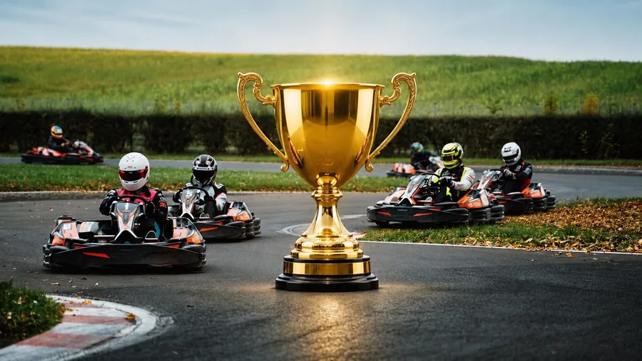 Pokal vor fahrenden Leihkarts bei der Leihkart-Meisterschaft.
