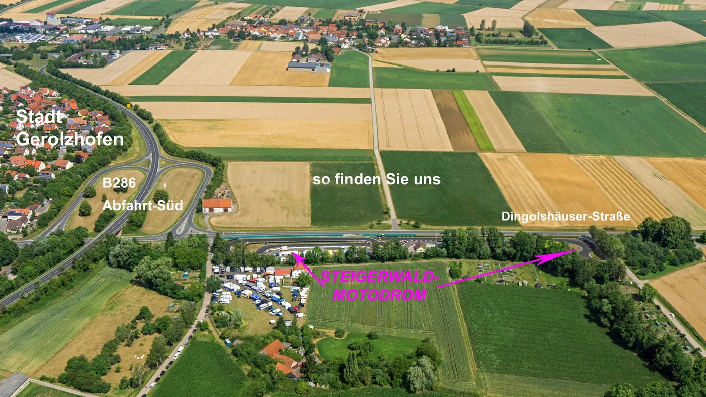 Luftbild von Gerolzhofen mit eingezeichnetem Weg zum Steigerwald-Motodrom an der Dingolshäuser Straße, Abfahrt Süd der B286.