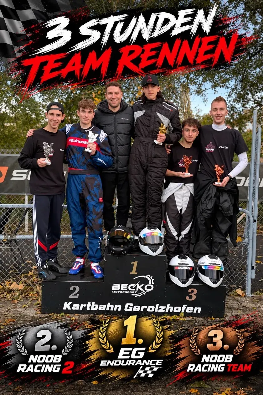 Siegerehrung des 3-Stunden-Teamrennens – EG Endurance vor Noob Racing 2 und dem Schwesterteam Noob Racing Team.